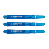 Three blue Supergrip Spin dart shafts with silver rings shown side by side on white background, emphasizing rotating top design.