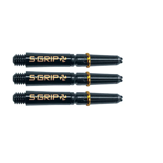 Three black Supergrip Spin dart shafts with gold accents and rotating tops, arranged side by side on white background