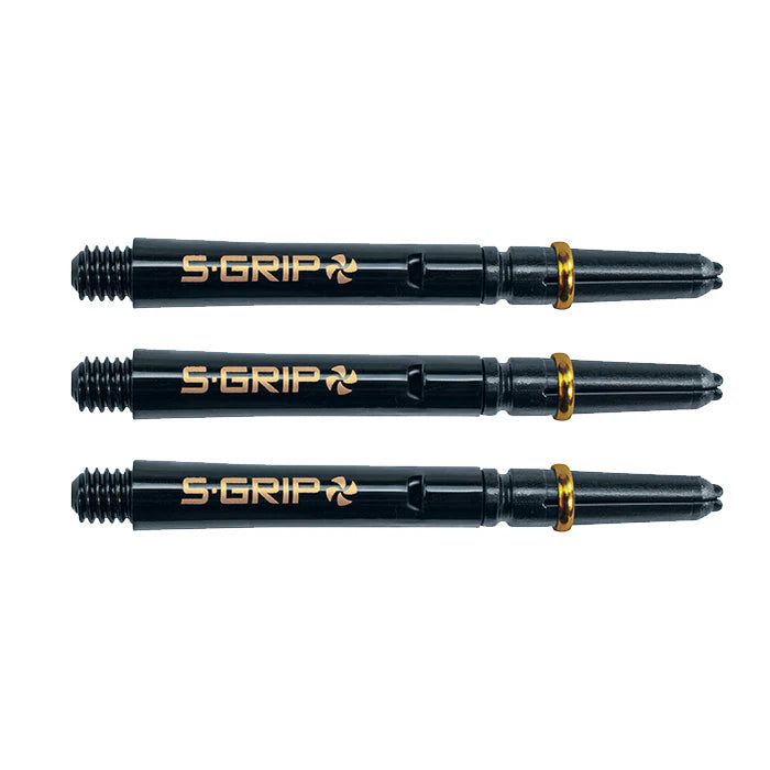 Three black Supergrip Spin dart shafts aligned on white background highlighting gold logo and spinning tops