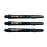 Three black Supergrip Spin dart shafts aligned on white background highlighting gold logo and spinning tops