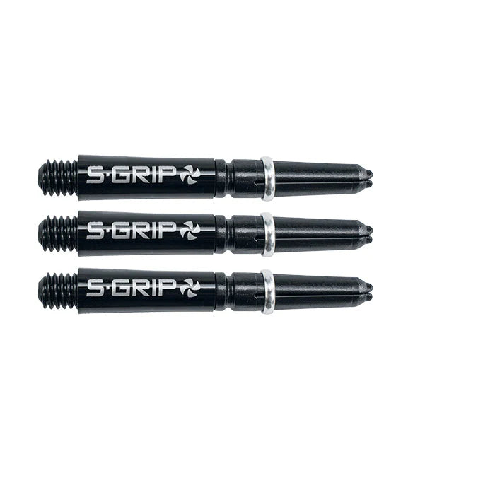 Three black Supergrip Spin dart shafts aligned side by side on white background showing threaded base and rotating tops