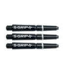 Three black Supergrip Spin dart shafts aligned side by side on white background showing threaded base and rotating tops