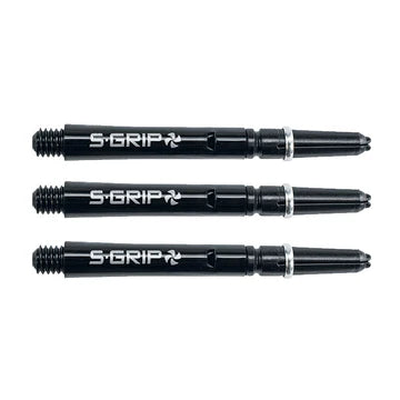 Set of three black Supergrip spin dart shafts aligned on white background, highlighting logo, firm rotating top, and threaded base