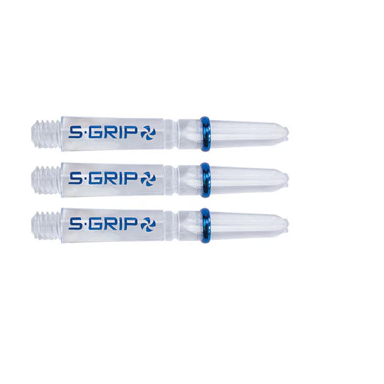 Three clear Supergrip spin dart shafts with blue rotating tops displayed side by side on white background