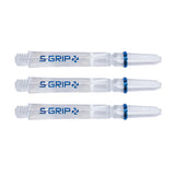 Three clear Supergrip spin dart shafts with blue rings, full view, isolated on white, showing rotating tops for dart setup.