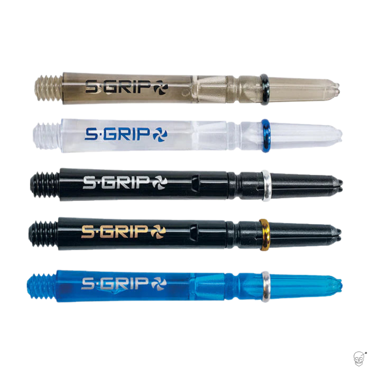 Five Supergrip Spin dart shafts in assorted colors and lengths, aligned side by side on white, highlighting rotating tops and grip design