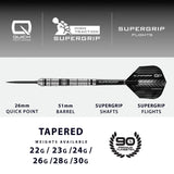 Straight-on full view of a single 90% tungsten dart, highlighting 26mm point, 51mm barrel, Supergrip shaft and flights with weights listed.