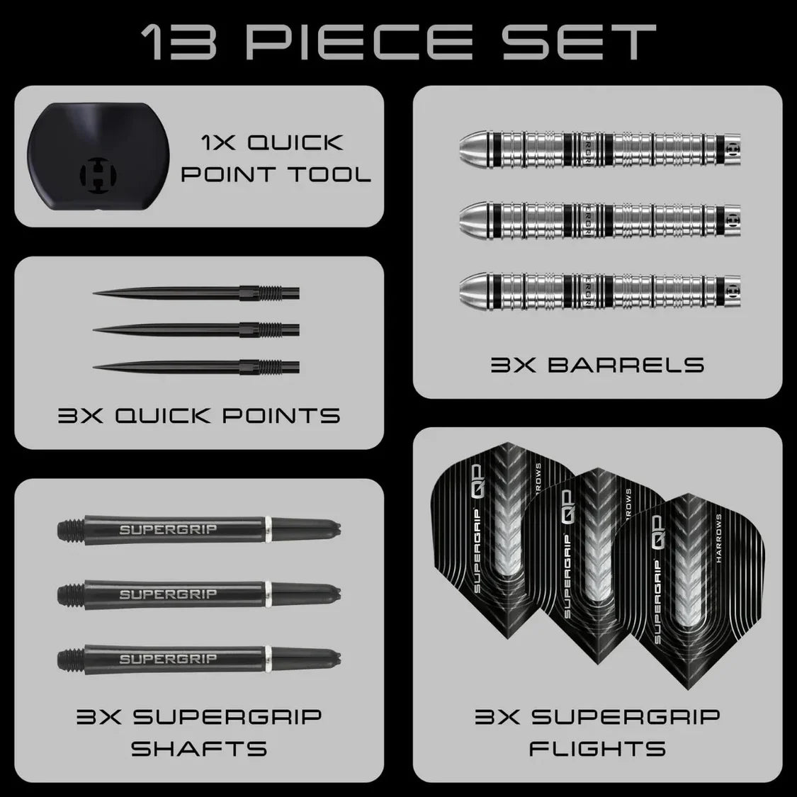 Top-down view of 13 piece tungsten darts set with barrels, supergrip shafts, quick points, flights, and point tool arranged and labeled