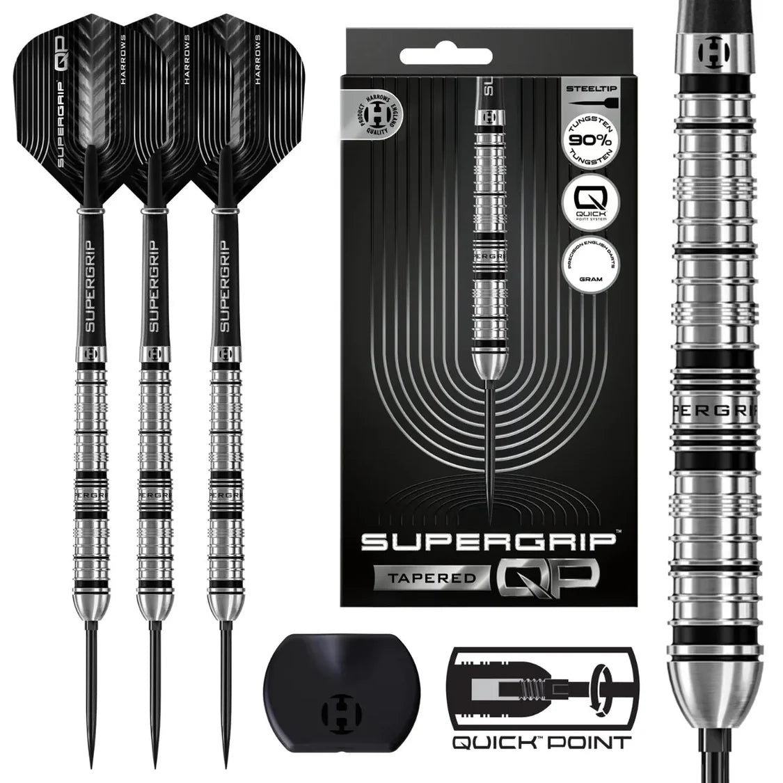 Steel tip 90% tungsten darts set with black flights, knurled grip barrels, retail box, close-up grip detail, and case on white background