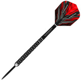 Angled full view of a single 90% tungsten dart with black ringed barrel grip and red geometric flights on white background