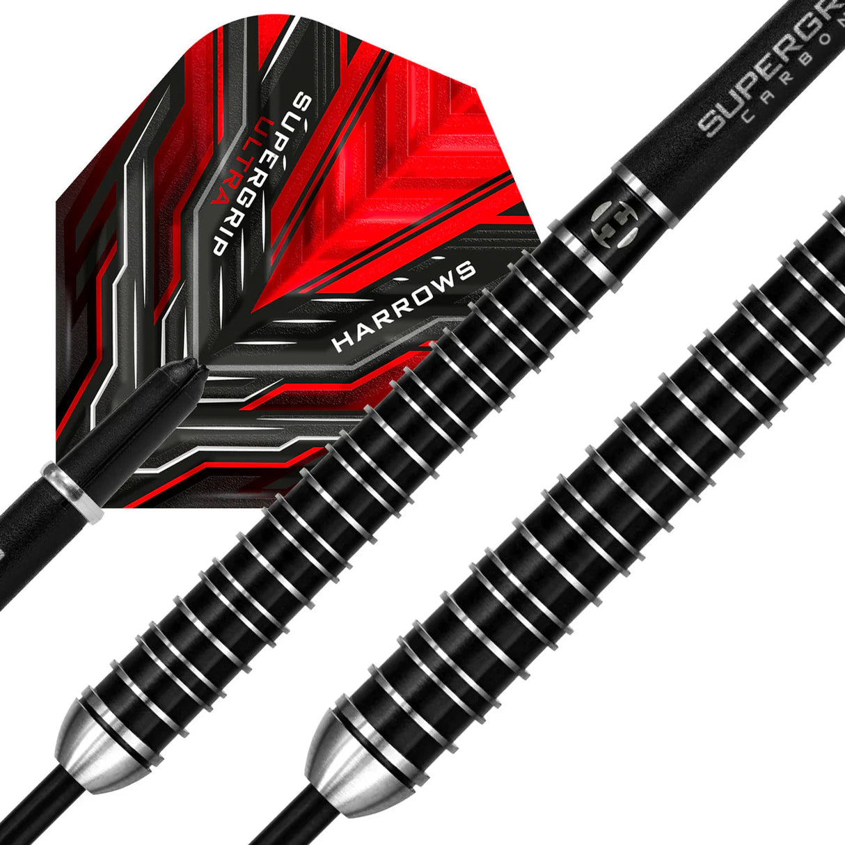 Close-up of Supergrip Ultra tungsten dart set showing black knurled barrel grip and red geometric flights on white background