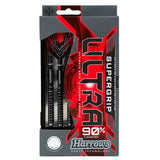 Full view of 90% tungsten darts set in retail packaging showing ultra grip barrels and black-red flights, ideal for steel tip dart buyers