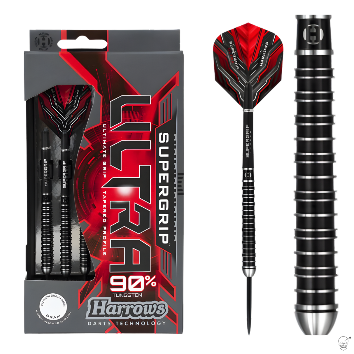 90% tungsten darts in packaging, single dart full view, and macro of ultra grip barrel rings for precision control