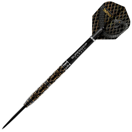 Full view tungsten dart with black and gold grip, textured barrel, snake-themed flight, and carbon shaft on white background