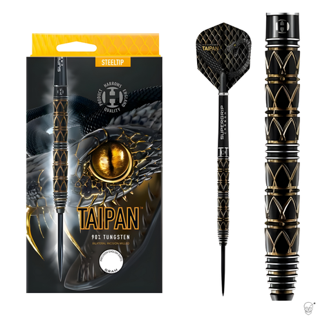 Steel tip tungsten dart with intricate black and gold grip pattern shown assembled, packaging visible, close-up of barrel detailing