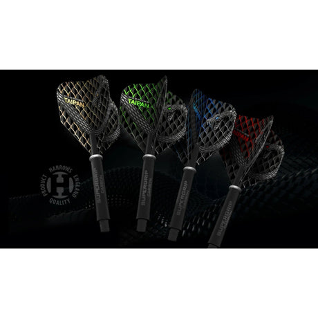 Angled view of four Taipan Blue No.6 dart flights with snake scale design, each on Supergrip shafts, showing color variations against dark background