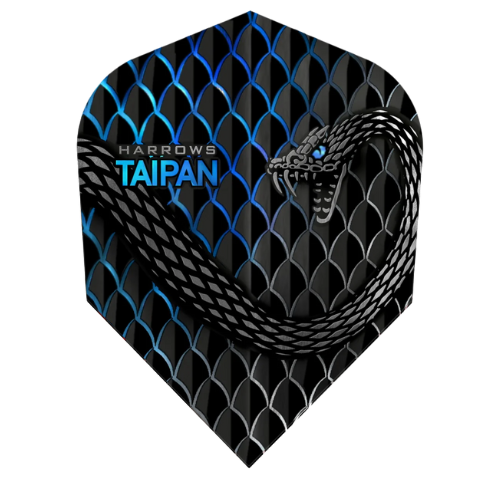 Full view dart flight with black and blue scales, Taipan snake graphic, and sharp No.6 shape for dart players