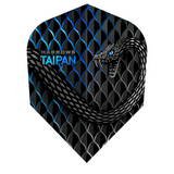 Full view dart flight with black and blue scales, Taipan snake graphic, and sharp No.6 shape for dart players