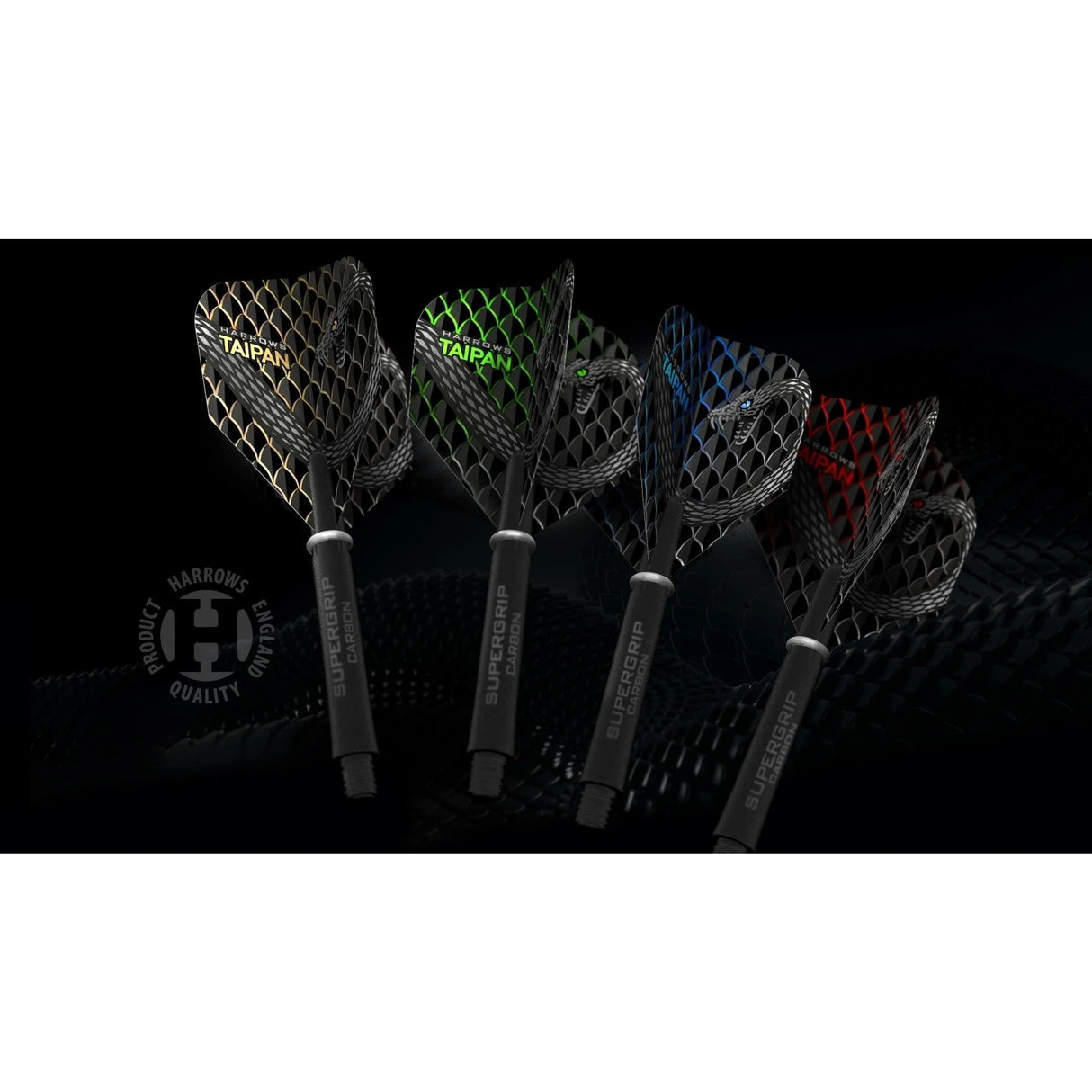 Angled view of four Taipan No.6 dart flights on shafts in gold, green, blue, and red, showing textured design and size comparison.