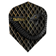 Taipan Gold No.6 dart flight close-up, black and gold snakeskin pattern with coiled snake graphic, 100 micron durable material