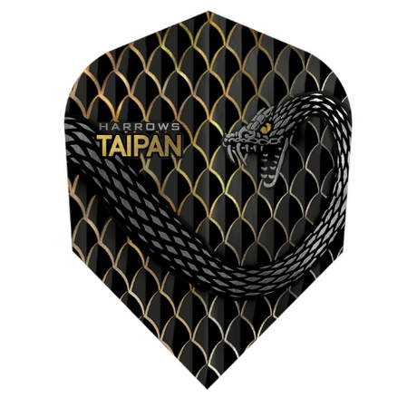 Taipan Gold No.6 dart flight close-up, black and gold snakeskin pattern with coiled snake graphic, 100 micron durable material