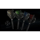 Angled view of Taipan dart flights in assorted colors assembled on supergrip shafts, showcasing textured pattern and No.6 shape