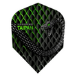 Close-up dart flight with green and black snake scale pattern, Taipan text, and snake graphic, ideal for steel tip and soft tip darts