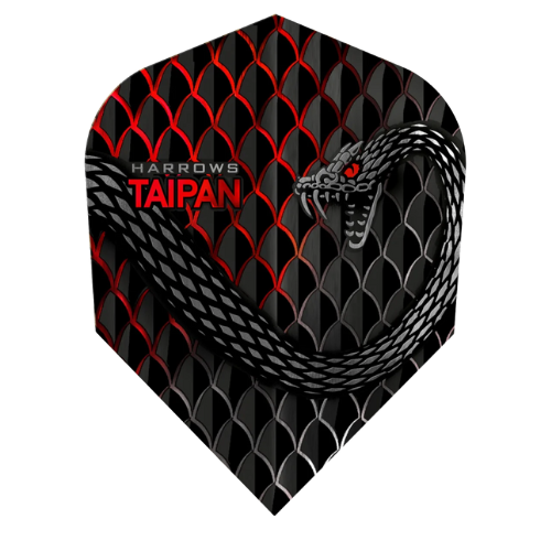Single Taipan Red No.6 dart flight upright, black and red scale pattern with snake graphic, isolated on white background
