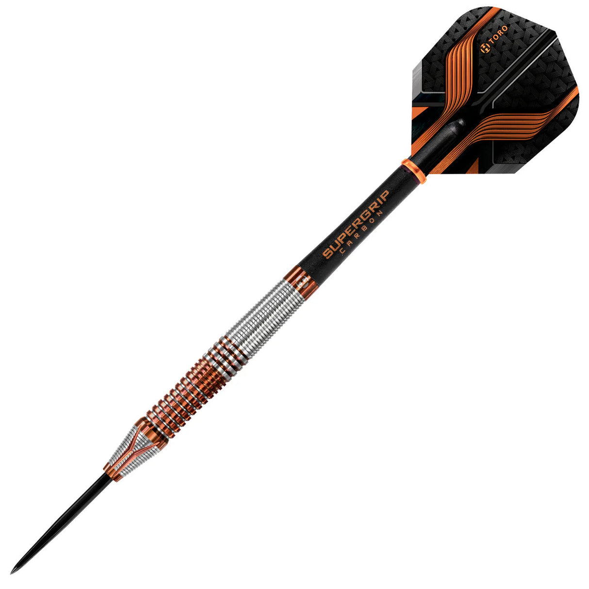 Angled full view of tungsten dart showing knurled grip, grooved barrel, orange-black flight, and Supergrip Carbon shaft on white background