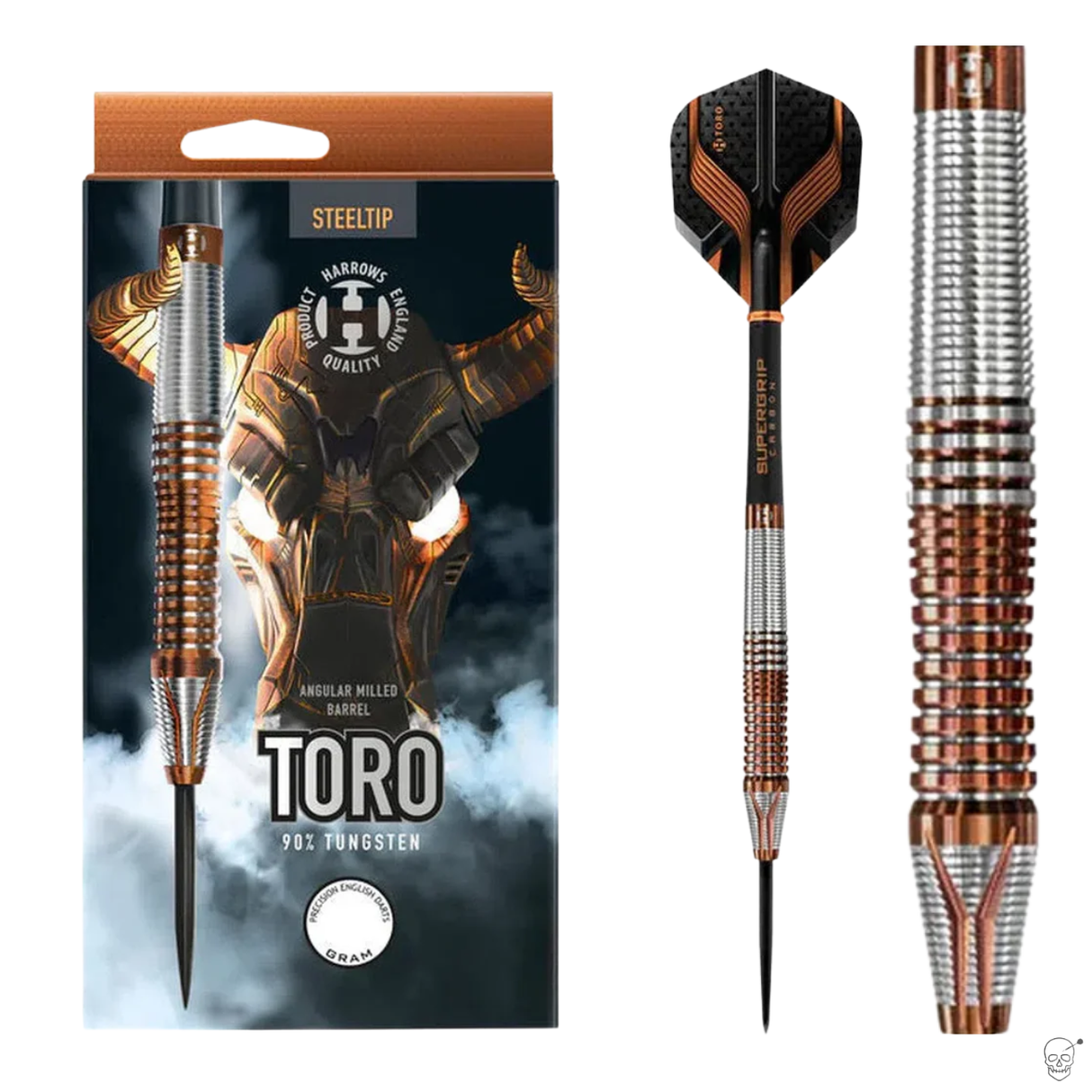 Steel tip tungsten dart with angular milled barrel grip, shown in packaging, full product view, and close-up on white background