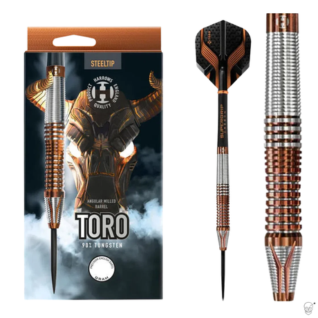Steel tip tungsten dart with angular milled barrel grip, shown in packaging, full product view, and close-up on white background