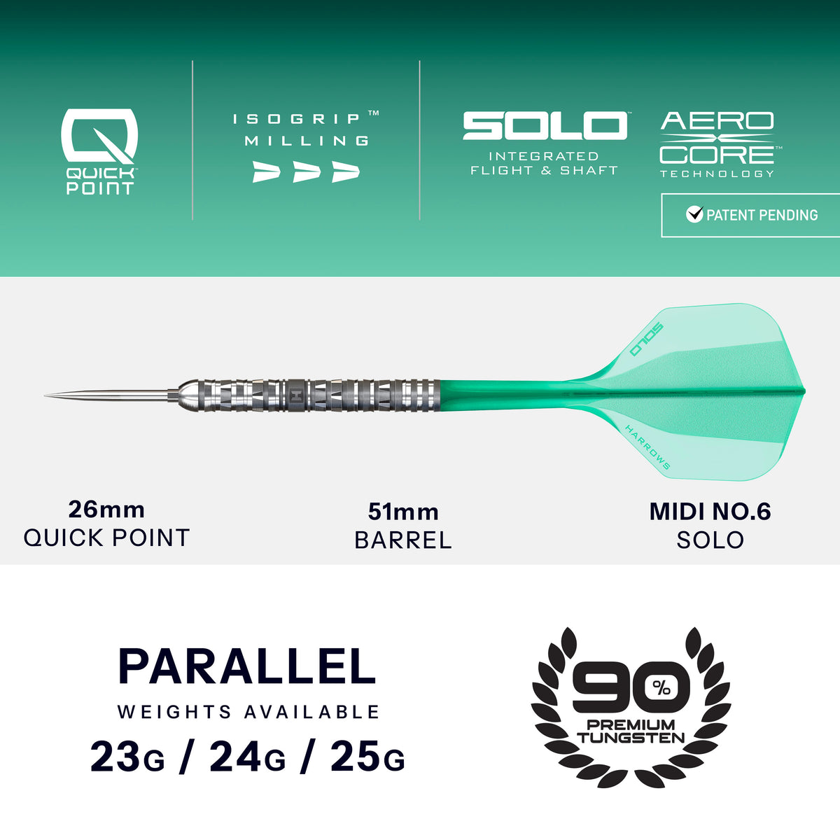 Torrent dart specification: 51mm parallel barrel, 26mm Quick Point and Midi No.6 Solo in 23g, 24g and 25g