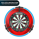 Top-down view of dartboard illuminated by Trilight dartboard light with three low-profile LED arms, showcasing enhanced visibility for darts.