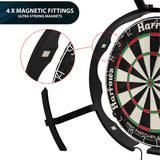 Angled view of dartboard light with close-up detailing four magnetic fittings, shown mounted on dartboard for secure setup