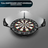 Angled view of dartboard light mounted above dartboard, showing full illumination and shadow reduction for optimal dart throwing visibility