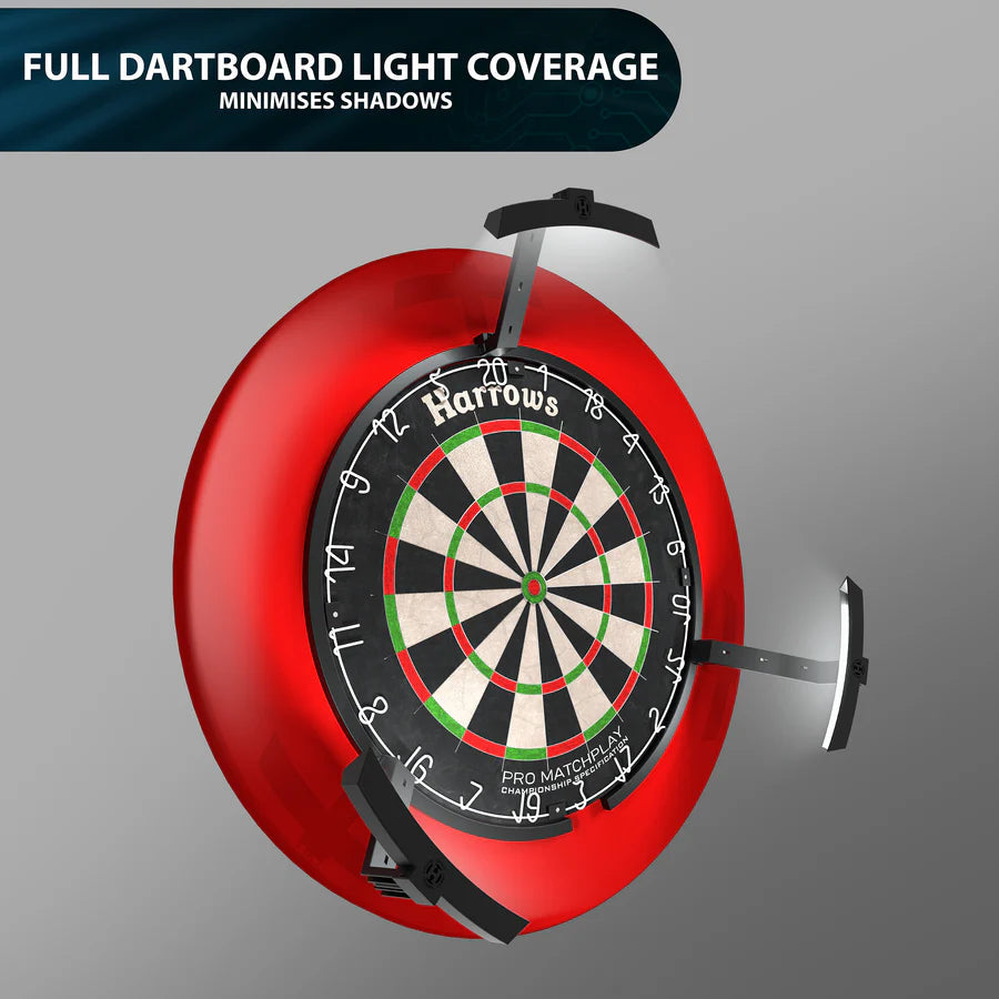 angled view of dartboard with three-arm LED lighting system for full dartboard illumination and minimal shadows