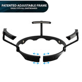 Angled view of adjustable dartboard light with LED strip, expandable black frame and arrows showing width adjustment, isolated on white.