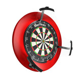 Angled view dartboard with LED lighting ring and three light arms, showing even dartboard illumination, isolated on white
