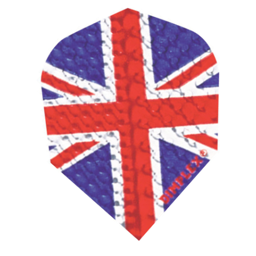 Harrows Union Jack Dimplex No.2 dart flight standing upright on a white background, dimpled Union Jack print