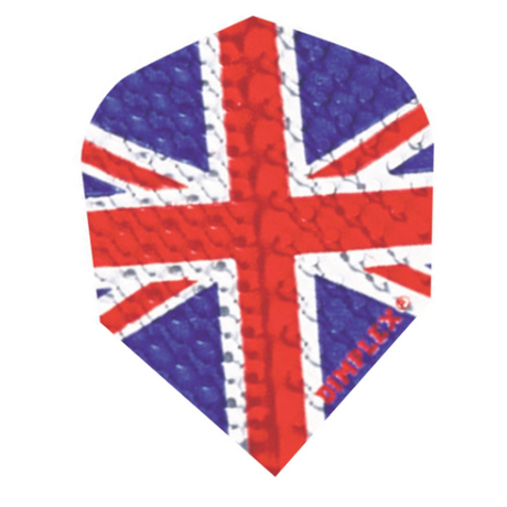 Harrows Union Jack Dimplex No.2 dart flight standing upright on a white background, dimpled Union Jack print