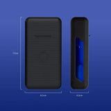 Dart case in soft-touch black with blue interior shown front and side, labeled dimensions for dart storage accessories