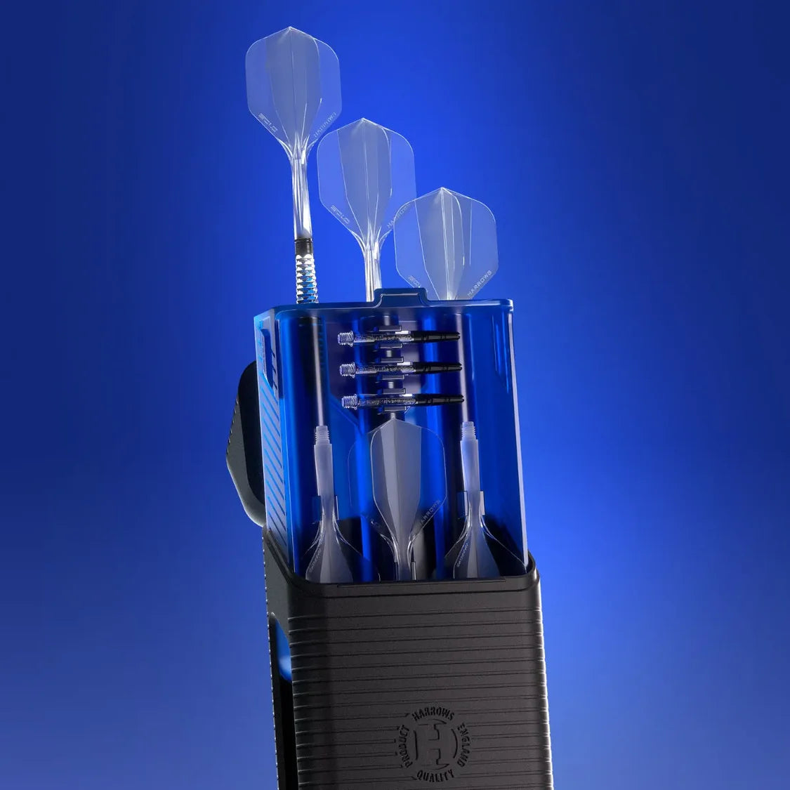 Angled close-up of blue dart case displaying three assembled darts, spare flights, and barrels for organized dart storage