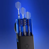 Angled close-up of blue dart case displaying three assembled darts, spare flights, and barrels for organized dart storage