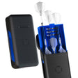 Angled view of blue dart case open to show dart storage for assembled darts, flights, and spare stems, alongside closed case on white background