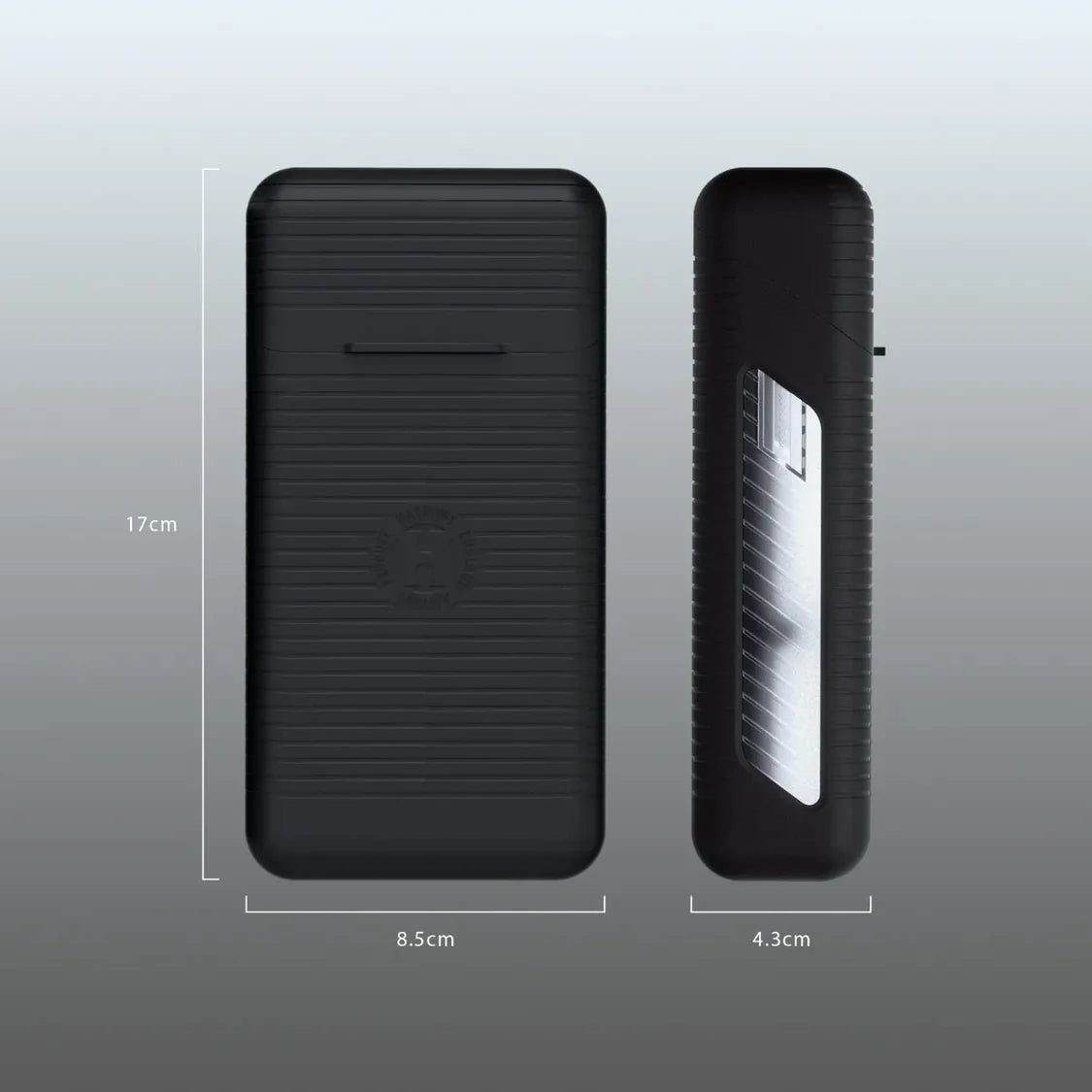 Dart case full front and side view with measurements, showing black ribbed shell, compact size for dart storage