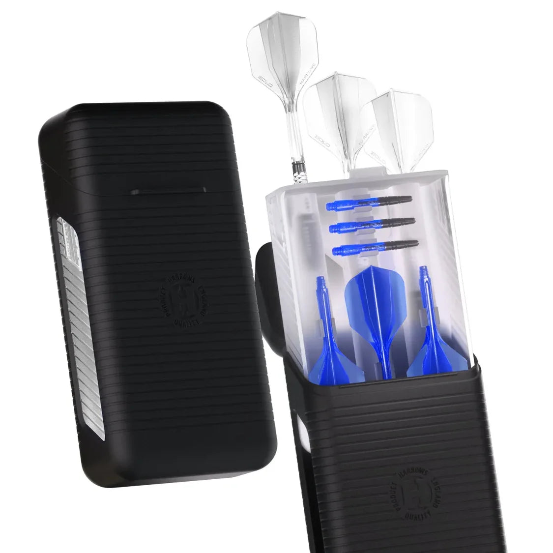 Angled view of vault clear dart case open to show blue darts, spare shafts, and flights with rigid protective shell on white background