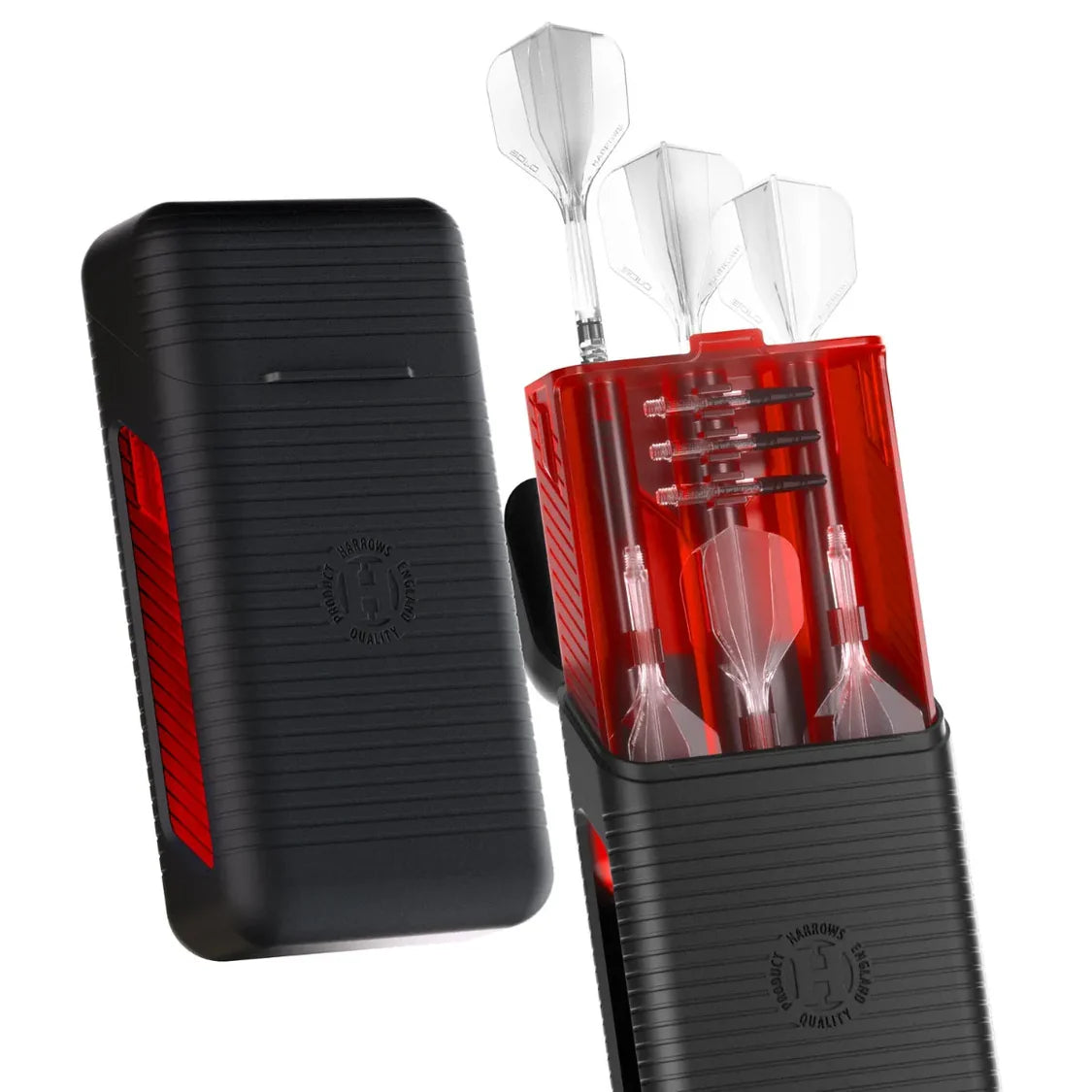 Angled view of red and black dart case, one closed and one open holding assembled darts and spare dart accessories