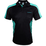 Black and teal dart shirt front view on white background, breathable micro-fibre fabric, side graphic accents, ideal for darts players
