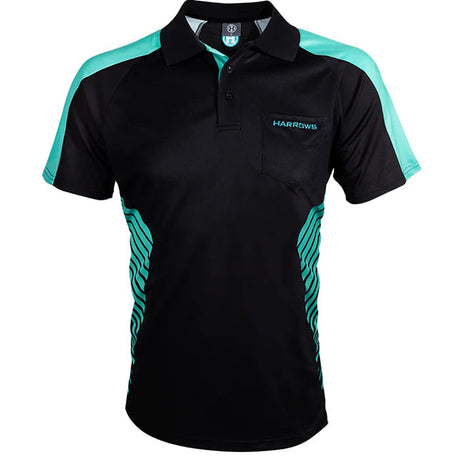 Black and teal dart shirt front view on white background, breathable micro-fibre fabric, side graphic accents, ideal for darts players