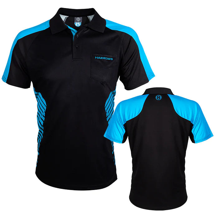 Black and blue dart shirts front and back views on white background, breathable microfiber for darts players